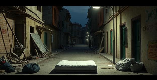 Una calle empobrecida con edificios dañados y escombros, un colchón en la acera bajo una farola, con bolsas y pertenencias personales alrededor, y un ambiente de desolación y pobreza.