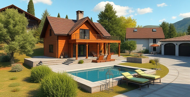 Un chalet de lujo rodeado de naturaleza en un pequeño pueblo de La Rioja, con una piscina y un entorno cuidado, mientras al fondo se ven vecinos indignados hablando en la calle.