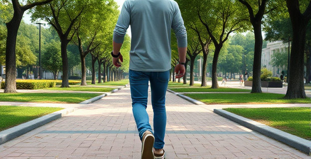 Imagen de una persona caminando por un parque urbano con senderos claramente delimitados, alternando entre paso normal y rápido, con un reloj en la muñeca indicando intervalos de tiempo