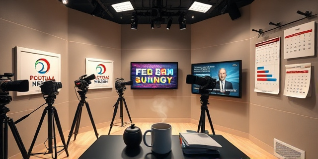 Estudio de televisión con paredes de tonos neutros y paneles de logo político discreto, cámaras de alta definición, iluminación difusa, una mesa con micrófonos y pantallas que muestran gráficos de audiencia. Una taza de café humeante y un calendario en la pared con fechas de producción. No se muestran rostros, solo siluetas y sombras que sugieren presencia.