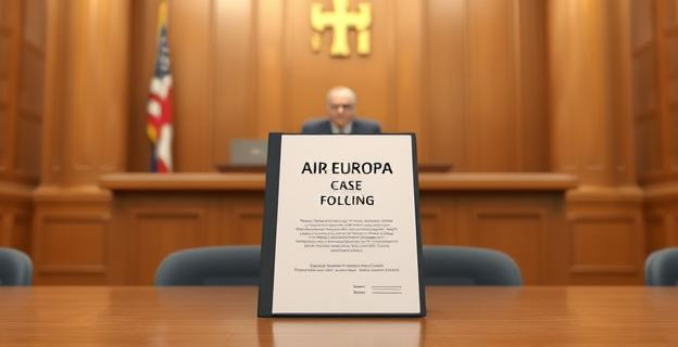 Una sala de un juzgado con un juez sentado en su sitial, con una carpeta referente al caso Air Europa en la mesa