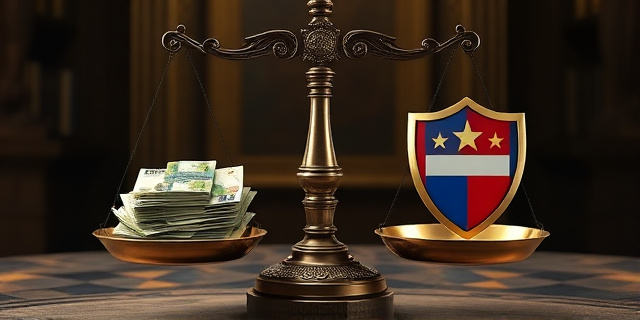 Una balanza de la justicia antigua, con una pila de billetes de euro en un plato y un escudo con el logo de un partido político en el otro. La balanza está ligeramente inclinada hacia el lado del dinero. Iluminación dramática, estilo barroco.