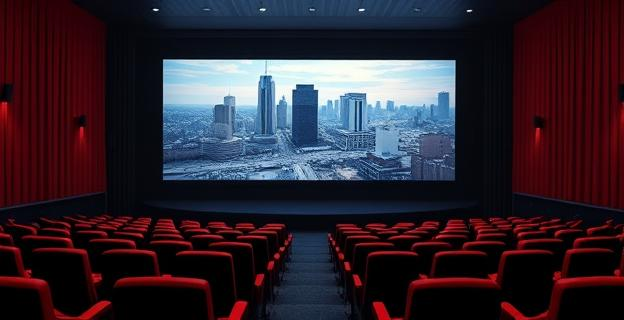 Una sala de cine vacía con una pantalla grande mostrando un paisaje urbano