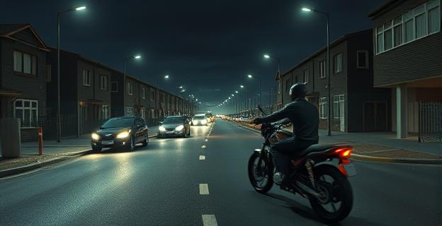 Imagen de un polígono industrial por la noche con calles desiertas y farolas escasas. Varios vehículos alineados en la calle preparados para una carrera ilegal. Un motorista realizando un 