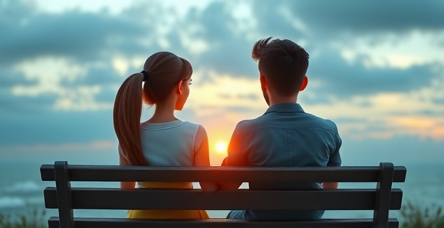 Una pareja sentada en un banco, mirando hacia el horizonte con una mezcla de esperanza y duda en sus rostros, simbolizando la complejidad emocional de volver con una ex pareja.