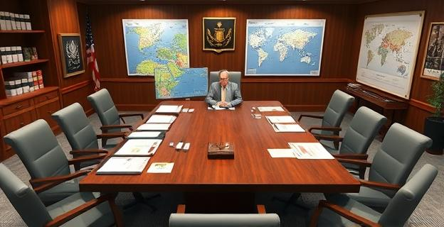 Imagen de un despacho oficial con documentos y una mesa de reuniones donde se discute sobre petróleo y logística marítima, con mapas de rutas marítimas y gráficos de mercado de crudo