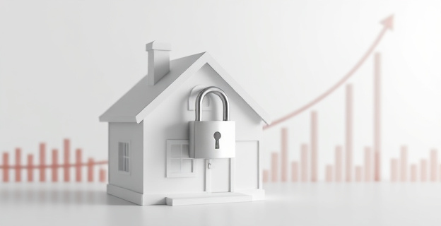 Una representación visual de una casa con un candado y un gráfico de barras descendente en el fondo, simbolizando la crisis de vivienda y la intervención gubernamental.