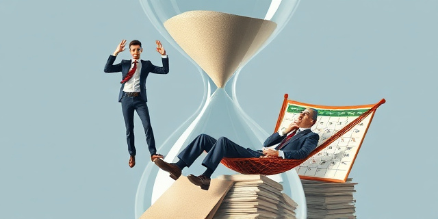 Una ilustración conceptual y satírica que muestre un reloj de arena gigante. En la parte superior, un trabajador con ropa de oficina común y aspecto estresado cae rápidamente. En la parte inferior, un funcionario relajado con una bata blanca o traje formal descansa en una hamaca tejida, rodeado de expedientes acumulados y un calendario con muchas fechas tachadas, simbolizando la lentitud del tiempo. Estilo editorial de revista financiera, colores contrastados, sin rostros definidos.