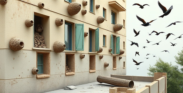Una escena mostrando un bloque de viviendas con nidos de golondrina en su fachada, algunos intactos y otros destruidos, con restos de barro en la pared y materiales de construcción en el suelo. Al fondo, golondrinas volando alrededor del edificio.