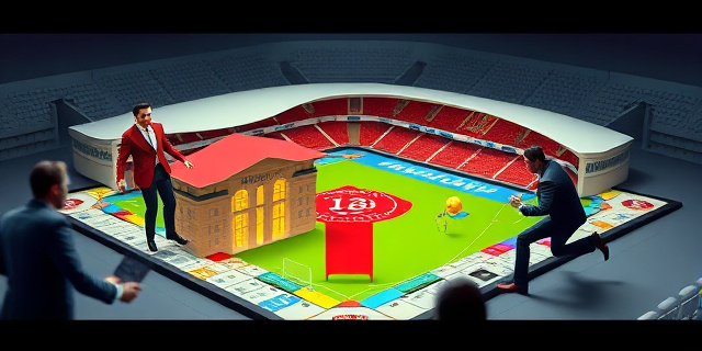 Una ilustración satírica y conceptual. Un tablero de Monopoly gigante donde las casillas son estadios de fútbol. Un jugador con traje elegante y bandera de Marruecos coloca un hotel dorado sobre un estadio moderno, mientras un jugador con traje español intenta desesperadamente añadir sillas plegables a un estadio para que quepa más gente. Estilo editorial de revista, colores vibrantes, atmósfera de despacho de lujo y poder.