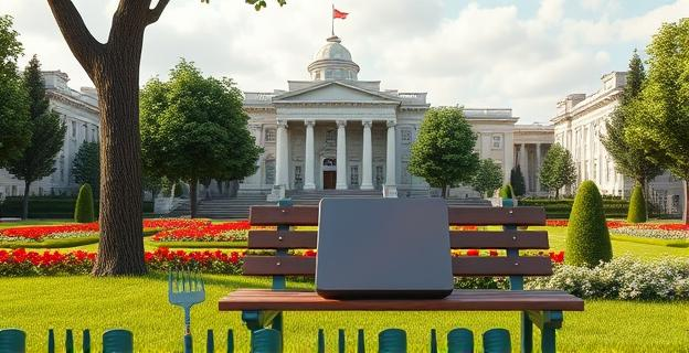Un paisaje urbano con un ayuntamiento de fondo, un jardín meticulosamente cuidado en primer plano, herramientas de jardinería apoyadas contra un árbol y un ordenador portátil cerrado sobre un banco de parque, simbolizando la incompatibilidad del teletrabajo con ciertas profesiones. El cielo está parcialmente nublado, y la escena evoca una sensación de burocracia y naturaleza.