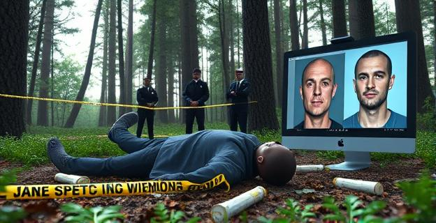 Imagen de una escena de investigación policial con un cadáver en un bosque, con detectives examinando pruebas y un retrato robot en una pantalla de ordenador