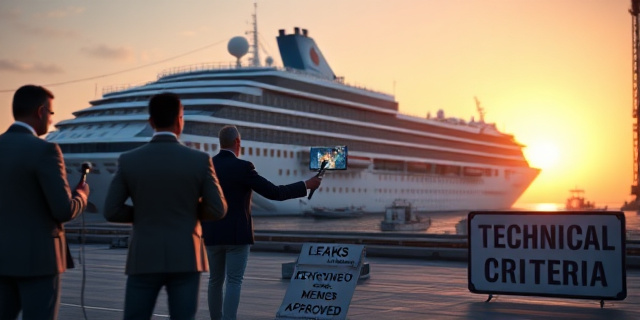 
  Un escenario de crisis política en un muelle industrial al atardecer. Al fondo, un crucero gigante (el Hondius) con escaleras de evacuación desplegadas y pasajeros en barcas. En primer plano, una mesa de prensa con tres figuras borrosas: una con un micrófono (sonríe con ironía), otra señalando un gráfico de ratas nadando (pantalla de IA iluminada), y otra con un maletín lleno de folletos de emergencia arrugados. La luz es fría, con sombras alargadas que simulan filtraciones. En el suelo, un cartel roto que dice 