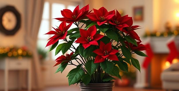 Una planta de flor de Pascua exuberante en una maceta decorativa, con brácteas rojas vibrantes y hojas verdes, situada en un interior cálido con luz natural indirecta. No hay personas. El fondo es un espacio acogedor con detalles sutiles de decoración navideña. La escena transmite serenidad y cuidado.