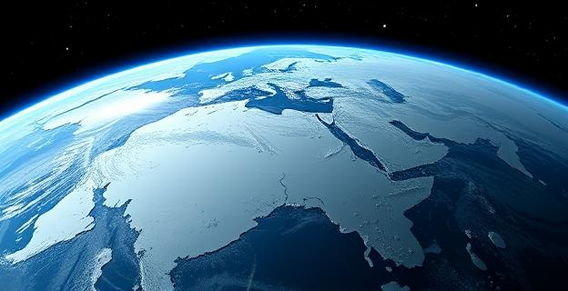 Imagen de la Tierra vista desde el espacio con una capa de nieve y hielo en el hemisferio norte, mostrando la diferencia de temperatura entre el día y la noche