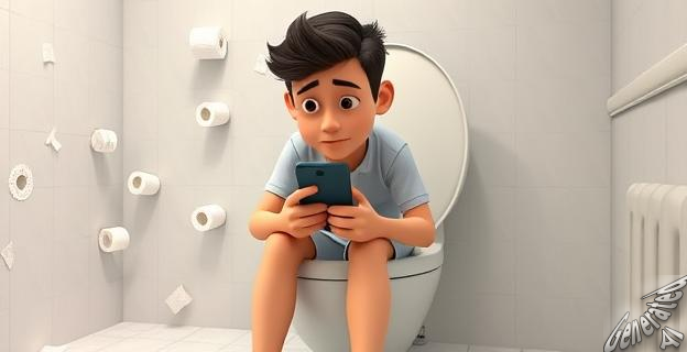 Una persona sentada en el váter con un smartphone en la mano, rodeada de papeles higiénicos y con una expresión de distracción.