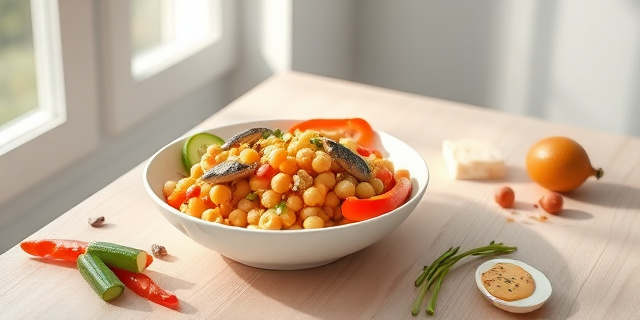Una mesa de cocina minimalista con un plato de ensalada de garbanzos, sardinas en aceite, rodajas de pepino, tiras de pimiento rojo, cebolleta picada, piparras, un toque de queso fresco desmenuzado, y una pequeña yema de huevo curada rallada, todo sobre una superficie de madera clara. Luz natural entra por una ventana a la izquierda, creando sombras suaves sobre los ingredientes.
