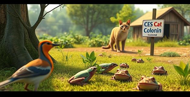 Un paisaje natural con aves y anfibios en un entorno rural, con un cartel que indica la presencia de una colonia de gatos CES. Al fondo, se ve un gato al acecho.