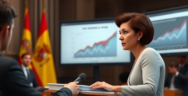 Una escena que muestra a una mujer política, posiblemente María Jesús Montero, en una rueda de prensa, con gráficos y pantallas detrás mostrando gráficos de impuestos y financiación autonómica. En el fondo, una bandera de España y un ambiente tenso con periodistas tomando notas.