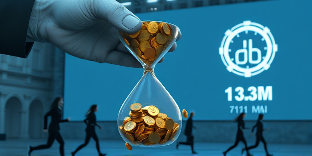 
  Una mano gigante (de color institucional gris) sostiene un reloj de arena dorado mientras derrama monedas de euro sobre un mapa de España. Al fondo, una pantalla gigante muestra el logo de una empresa tecnológica con un icono de pulsera rota. En primer plano, siluetas de mujeres corriendo en dirección opuesta a la mano del reloj. Todo en tonos fríos (azules y grises metálicos), con un contraste de luz que ilumina solo los números de los contratos (71.3M, 111M). Estilo: fotografía documental con filtros de distorsión sutil, como si la imagen respirara.