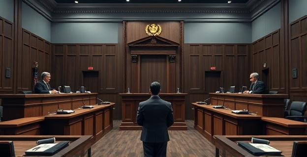 Sala de un tribunal con un estrado donde se sientan los jueces, con una atmósfera tensa y varios asistentes tomando notas. En el centro de la sala hay un acusado sentado en un banquillo.