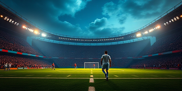 Un estadio iluminado al anochecer, con una multitud vibrante y el silbato del árbitro resonando en el aire. En el centro del campo, un jugador solo, con la rodilla levantada, simboliza el dolor y la esperanza de recuperación. La escena transmite tensión y emoción, sin mostrar caras de personas reales.
