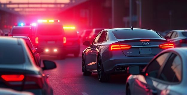Imagen de un coche chocando contra otros vehículos en una autovía congestionada, con luces de vehículos de emergencia al fondo