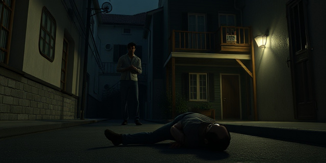 Una escena de violencia en una calle oscura, con un hombre en el suelo y una casa de fondo con un balcón