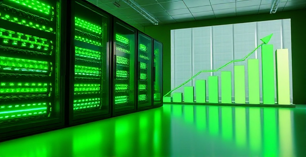 Una sala llena de servidores iluminada con luces LED verdes, representando eficiencia energética, con un gran gráfico de barras en el fondo mostrando una reducción en el consumo de energía.