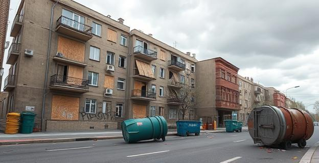 Un edificio de apartamentos en un entorno urbano, con ventanas tapiadas y grafitis, simbolizando la problemática de la ocupación ilegal. En la calle, contenedores de basura volcados y señales de altercados recientes, como piedras dispersas. La escena transmite una sensación de tensión social y abandono, bajo un cielo nublado que acentúa la atmósfera de conflicto. No se muestran personas.