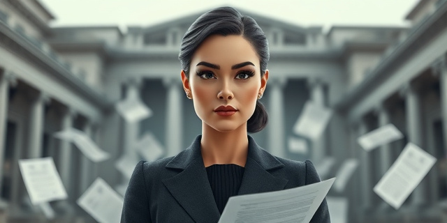 Una mujer de perfil serio y elegante, con un fondo de edificios institucionales, rodeada de papeles y documentos legales.
