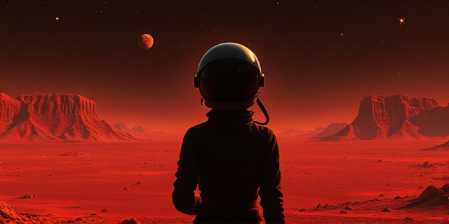 Una silueta femenina con un casco espacial y un uniforme utilitario, de pie frente a un paisaje marciano desolado y rojizo. El cielo es oscuro y estrellado. La iluminación es dramática, con sombras largas y contrastadas. Estilo pictórico, reminiscente de las pinturas de ciencia ficción de los años 50 y 60. Paleta de colores: rojo óxido, gris acero, negro profundo y toques de azul eléctrico.