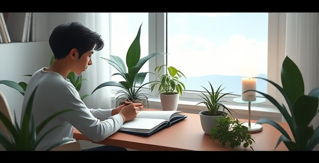 Una persona sentada en una mesa de trabajo minimalista, rodeada de plantas y con una ventana al fondo que muestra un cielo despejado. Está escribiendo en un cuaderno con una pluma estilográfica mientras una vela aromática arde suavemente en un rincón. La estancia está iluminada con luz natural y hay un ligero aroma a café recién hecho.