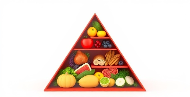 Una representación visual de dos pirámides alimenticias superpuestas, una con colores vibrantes y la otra con tonos más oscuros, simbolizando la diferencia entre una alimentación saludable y otra menos recomendada.