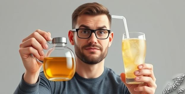 Un entrenador personal sosteniendo una aceitera y un vaso de refresco azucarado con una expresión seria