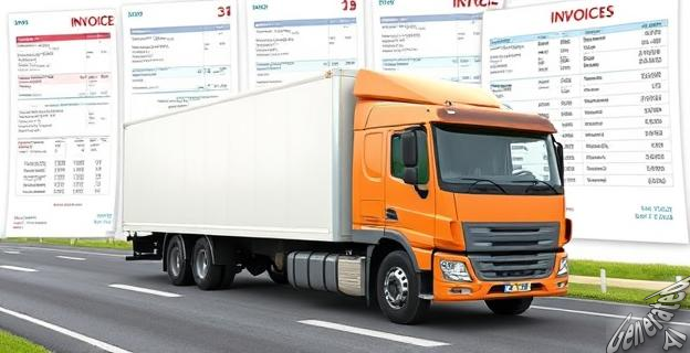 Imagen de un camión circulando por una carretera, con un fondo de facturas y recibos de gastos. El camión debe tener un aspecto cuidado y moderno.
