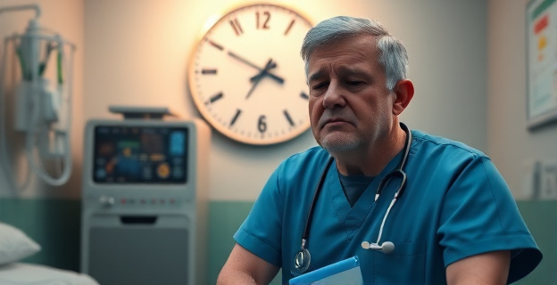 Una imagen que representa a un médico exhausto en un hospital, con un reloj de fondo marcando largas horas de trabajo.