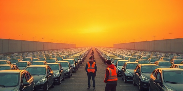 Una escena surrealista. Un polígono industrial gris y desolado, lleno de coches de autoescuela alineados como en una carrera. En el centro, una multitud de personas nerviosas, cada una con un chaleco reflectante. El cielo es de un color anaranjado opresivo. Estilo pictórico expresionista, colores saturados, pinceladas gruesas, evocando la frustración y la burocracia.