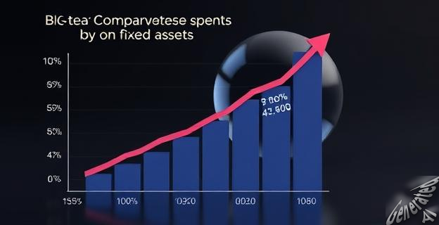 Una imagen de una gráfica que muestra el porcentaje de beneficio operativo que las Big Tech están gastando en activos fijos, con una flecha que señala hacia arriba y una burbuja que se forma en el fondo.