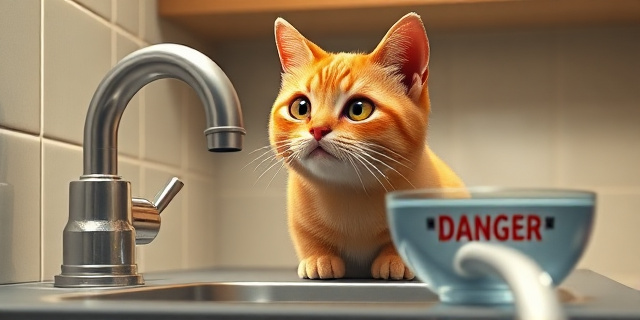 Una ilustración conceptual y satírica de un gato doméstico con mirada analítica y superior, observando un grifo de cocina como si fuera un manantial sagrado. Al lado, un cuenco de agua ignorado con una señal de 