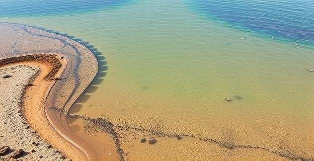 Imagen de una laguna costera con agua turbia y sedimentos visibles, representando la contaminación por mercurio en el Mar Menor.