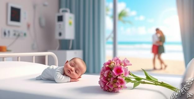 Una escena que muestra un ambiente hospitalario con un bebé recién nacido en una cuna y un ramo de flores cerca, simbolizando la vida y la pérdida. Al fondo, una imagen borrosa de una pareja feliz en una playa, representando momentos felices pasados.
