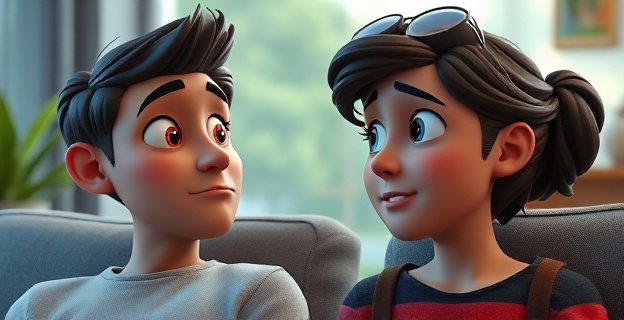 Una persona mirando a otra con una mezcla de confusión y curiosidad, mientras permanece al lado de su pareja en un ambiente relajado.