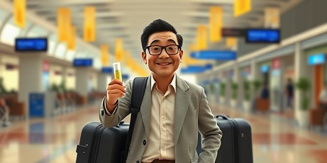 Un hombre asiático con maletas y tubos de ensayo, rodeado de hormigas y papel de seda, en un aeropuerto africano