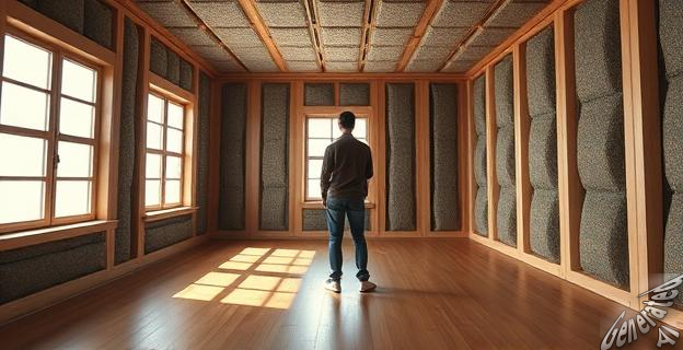 Una persona en una habitación silenciosa con ventanas y suelo de madera, rodeada de materiales de aislamiento acústico