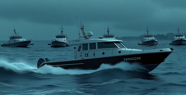 Imagen de una narcolancha en una costa española con temporal, con olas altas y cielo oscuro. Al fondo, un puerto con embarcaciones de la Guardia Civil inutilizadas o sin tripulación.