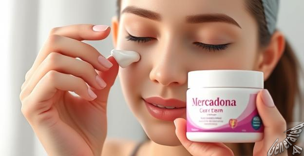 Una persona aplicando una crema hidratante en su rostro, con un tarro de crema de Mercadona al fondo