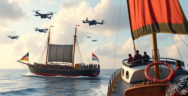 Una flotilla de barcos humanitarios navegando hacia Gaza bajo la amenaza de drones israelíes, con personas de diversas nacionalidades a bordo.