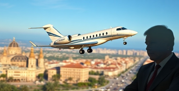 Imagen de un avión privado despegando, con un fondo de un paisaje urbano de Madrid y una sombra de un hombre político en primer plano.