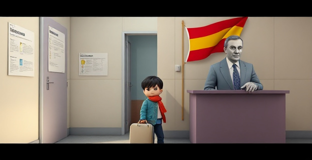 Una imagen que represente la tensión entre el Gobierno central y la Comunidad de Madrid en torno a la política migratoria, con elementos que simbolicen la protección de menores y la gestión de la inmigración. Un contraste entre un menor en un centro de acogida y una representación de la burocracia gubernamental.